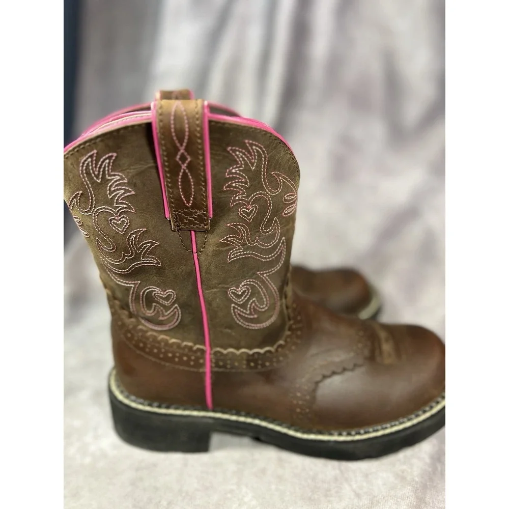 Ariat Girls Western Cowboy Boots Brown Pink Hearts Leather Size 8.5 B